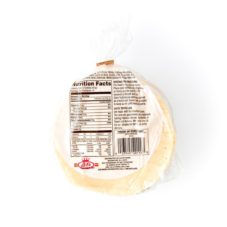 La Fe Corn Tortillas back packaging with nutrition facts, ideal for authentic Latin food recipes.
