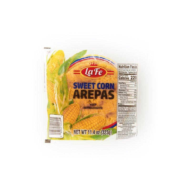 Lafe Sweet Corn Arepas package featuring fresh corn, ideal for authentic Latin food and quality ingredients.