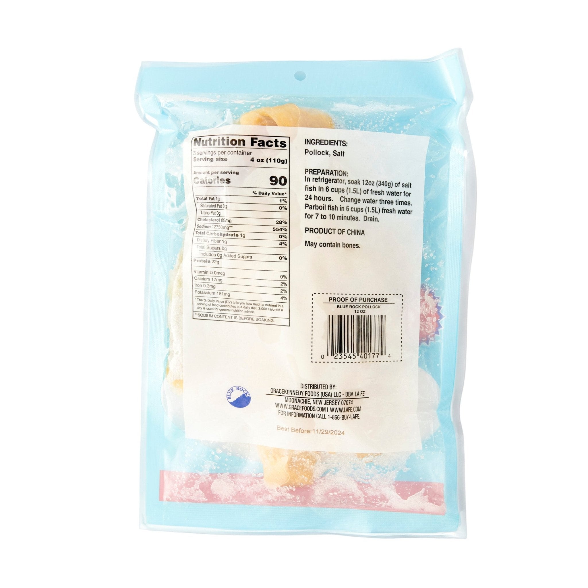 Back packaging of BLUE ROCK FISH ALASKAN-POLLOCK, showcasing nutrition facts and preparation instructions for latin cooking.