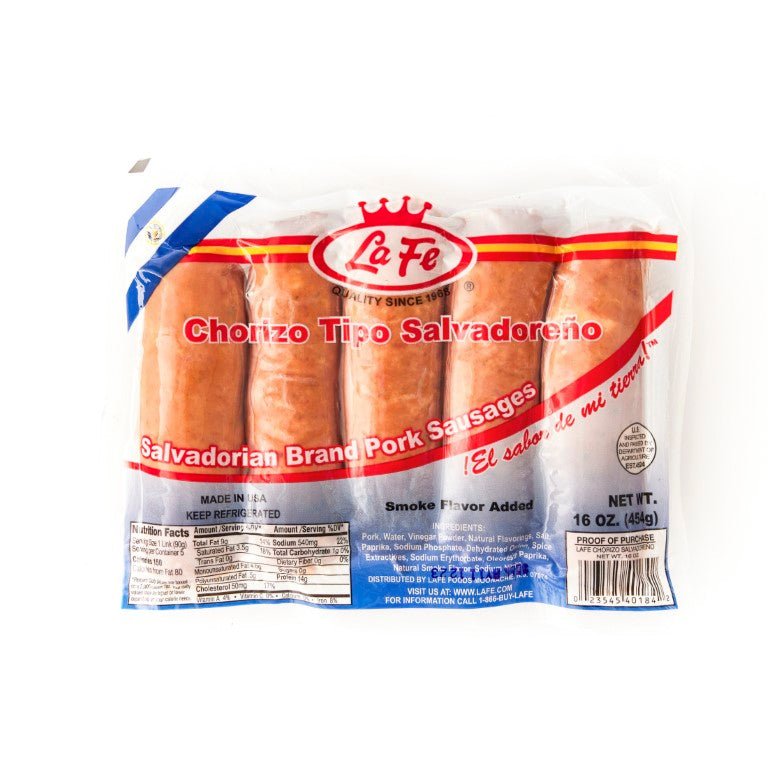 LA FE Chorizo Tipo Salvadoreño, authentic Salvadoran pork sausages, perfect for Latin dishes and flavors.