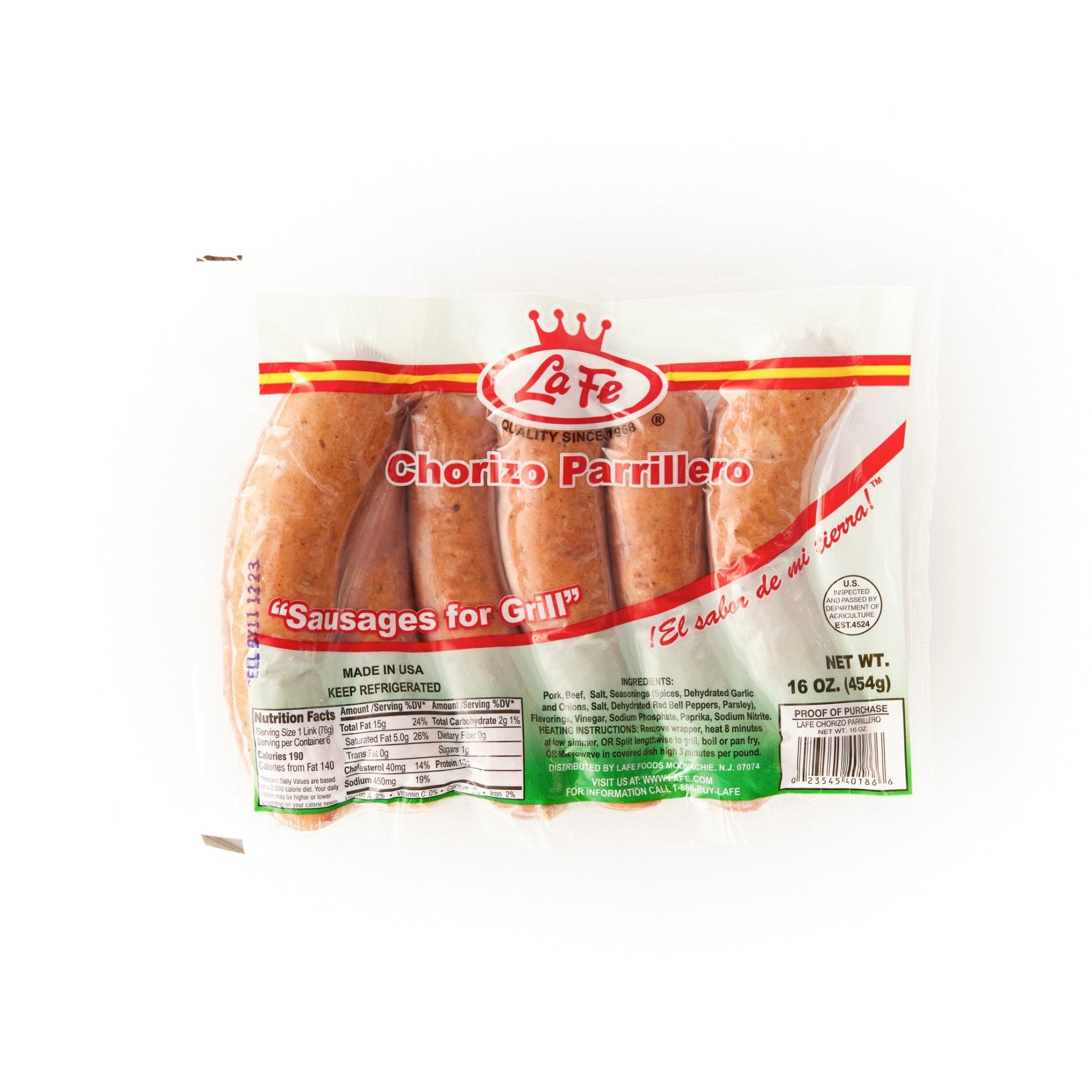 LA FE Chorizo Parrillero, premium Latin sausage for grilling, authentic flavors, quality Latin food product, buy online.