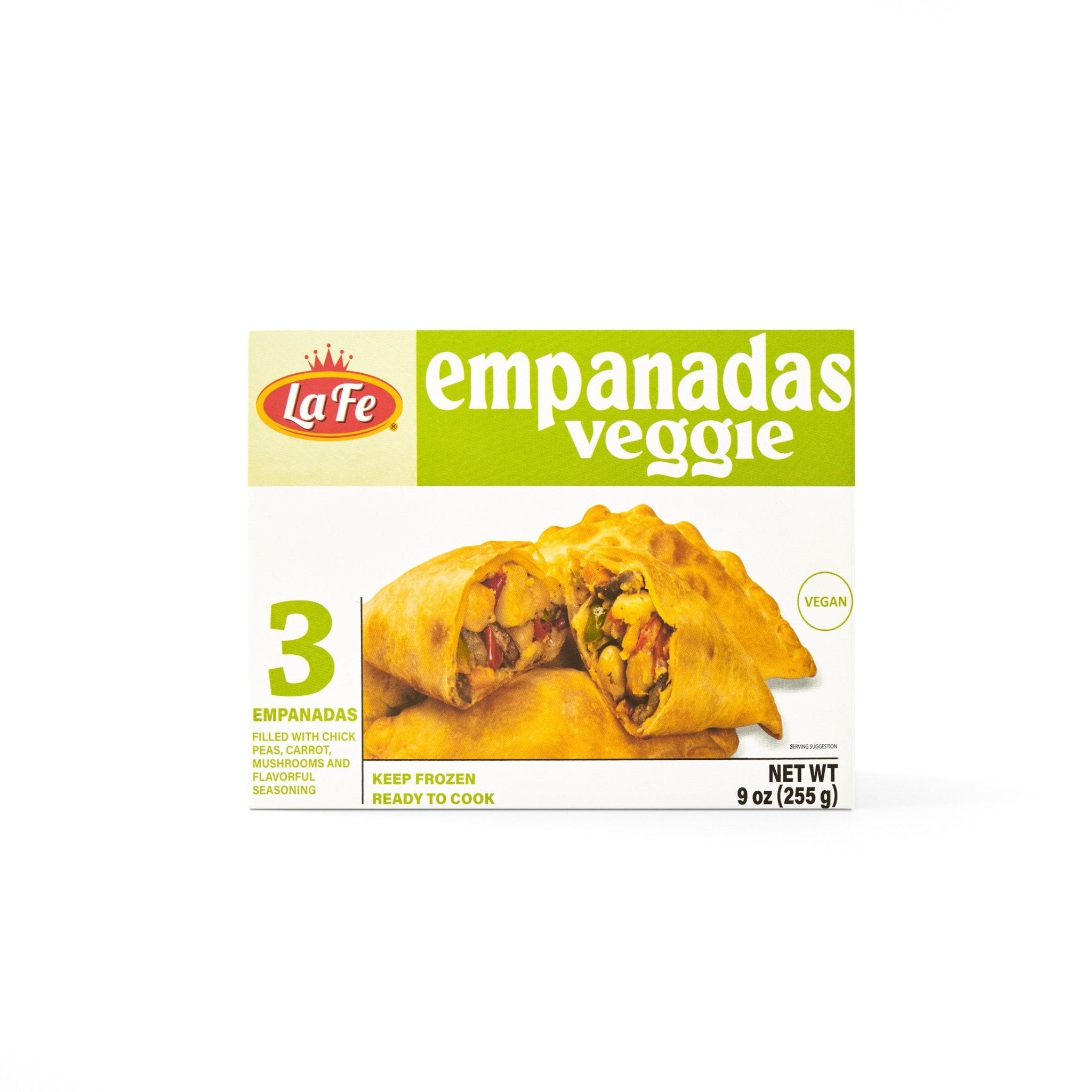 LA FE Veggie Empanadas 9 oz frozen pack, a delicious and healthy choice for authentic Latin food lovers.