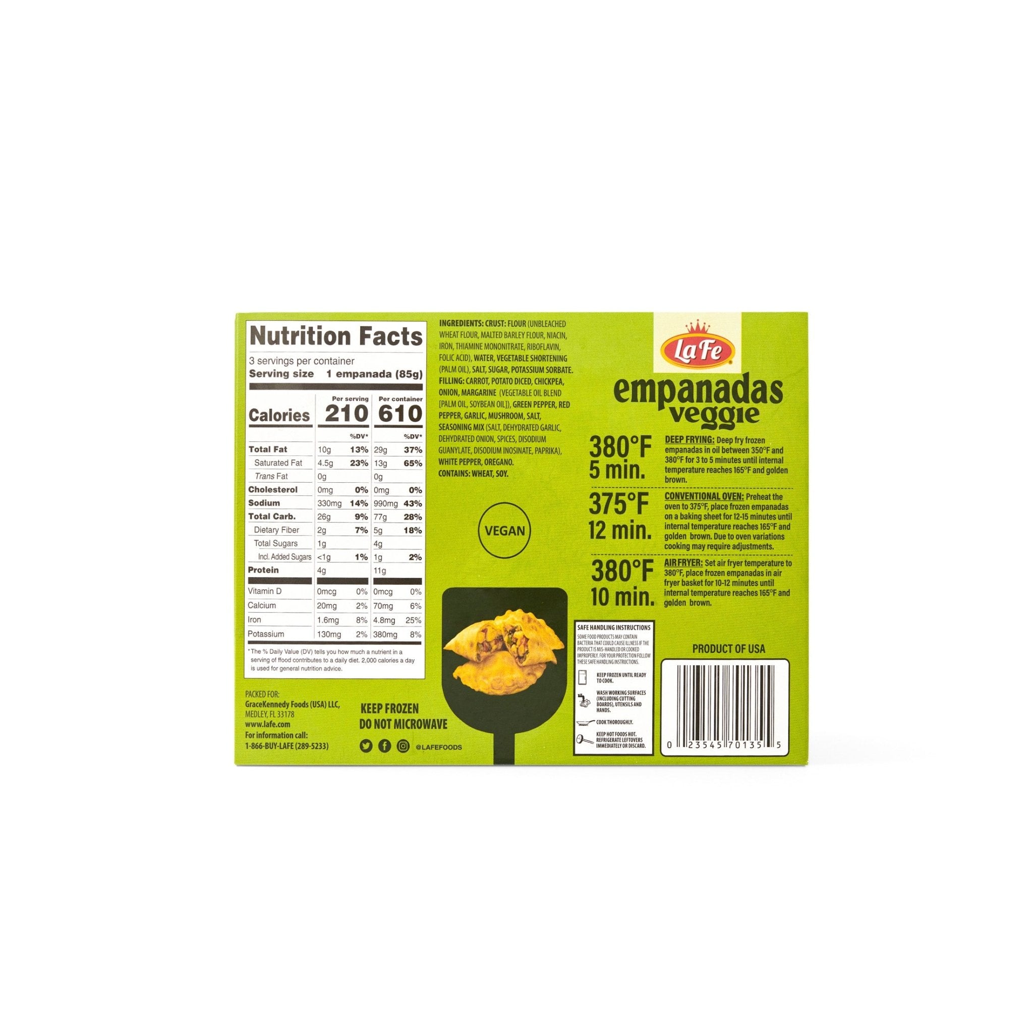 LA FE Veggie Empanadas packaging with nutrition facts for healthy Latin food options.