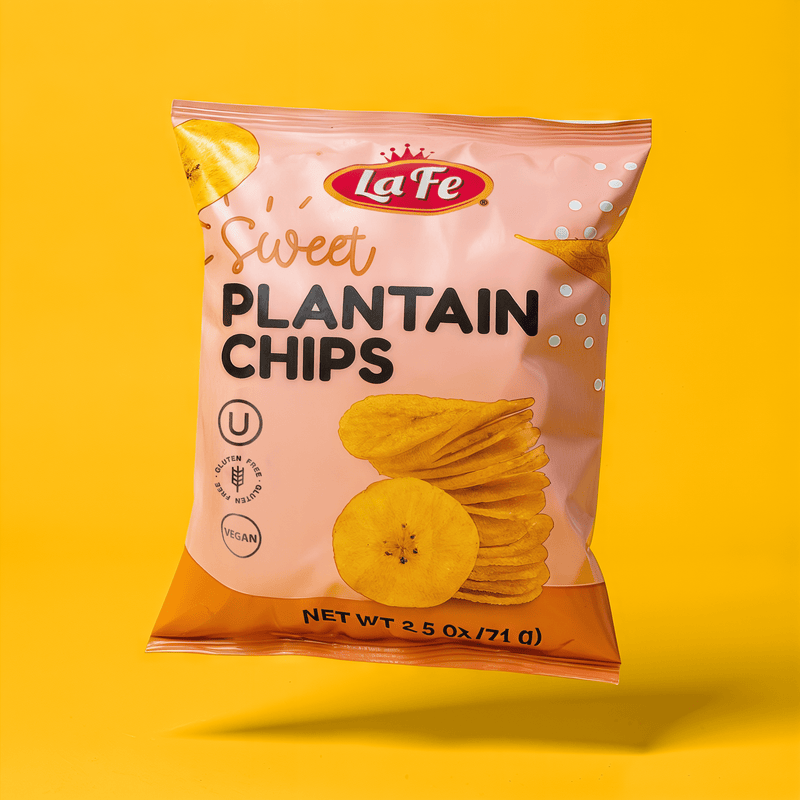 La Fe Sweet Plantain Chips package on a bright yellow background, showcasing quality Latin snack options.