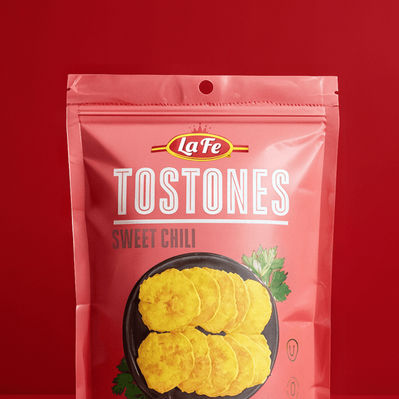 La Fe Tostones Sweet Chili packaging, a delicious Latino snack, perfect for enjoying authentic tropical flavors.