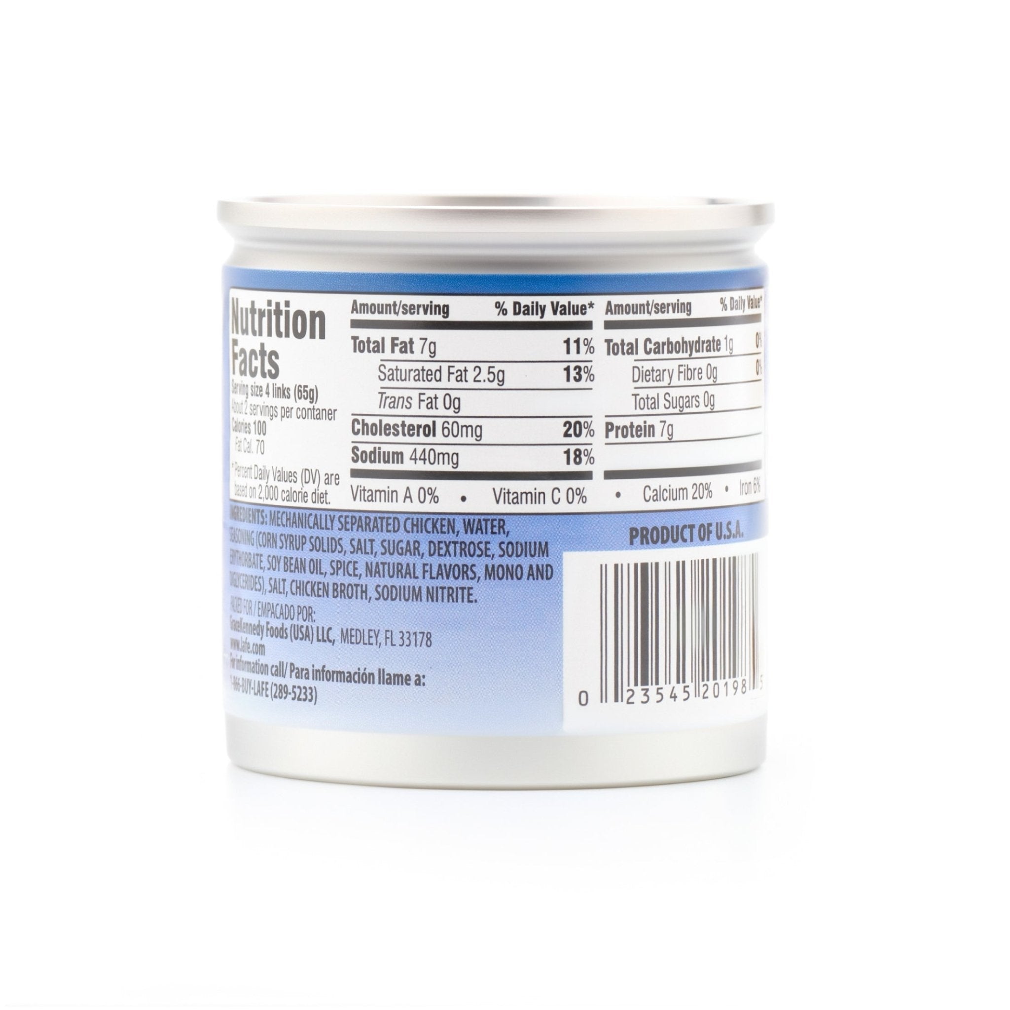 Nutrition facts label for La Fe Chicken Vienna Sausage, detailing calorie and nutrient information, healthy protein source.