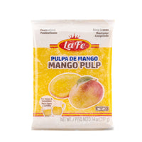 La Fe Pulp Mango 14 oz package, perfect for tropical flavors in juices and desserts, a quality Latin food product.