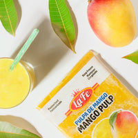 La Fe Pulp Mango packaging with fresh mango and smoothie, perfect for authentic Latin flavors and quality Latin foods.
