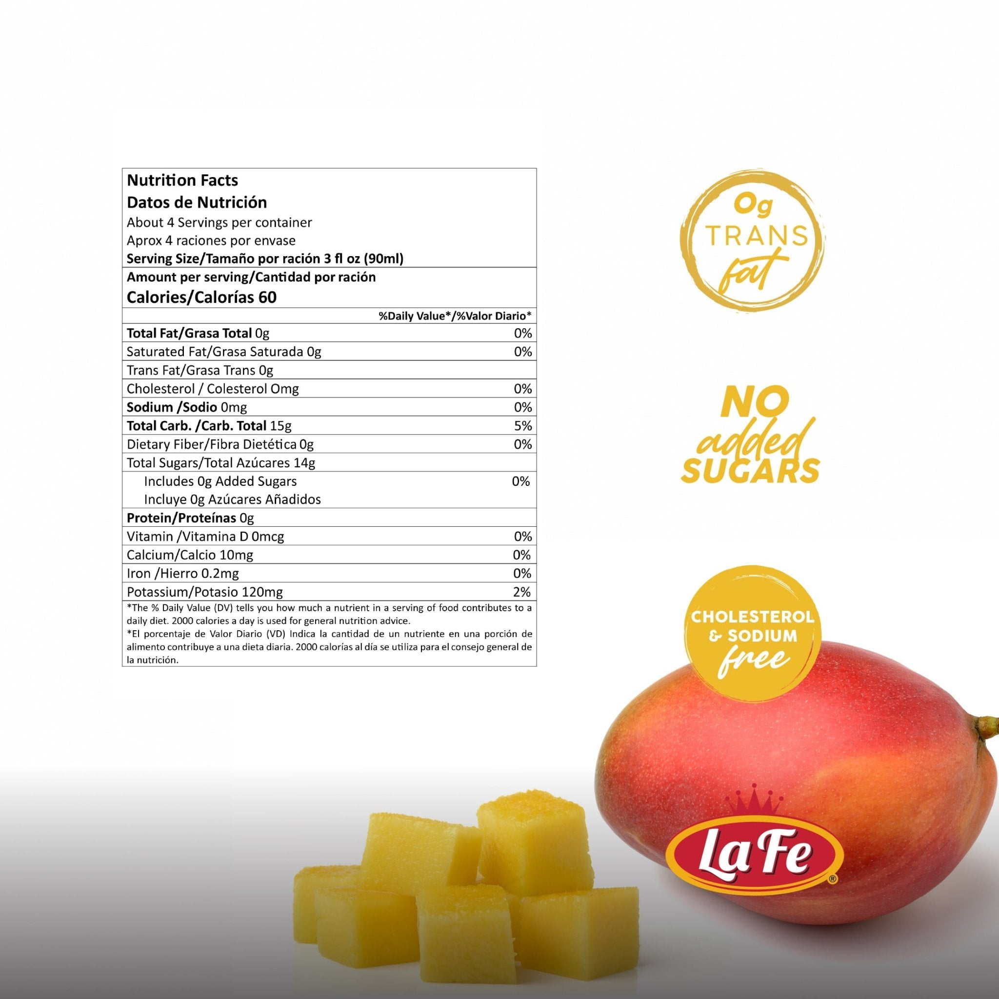 La Fe Pulp Mango nutrition facts with fresh mango chunks, highlighting quality Latin food benefits and tropical flavors.