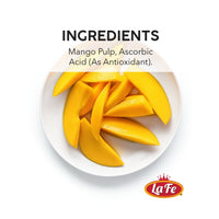 La Fe Pulp Mango ingredients: fresh mango pulp and ascorbic acid in a white bowl representing quality Latin food.