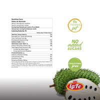 Nutrition facts for La Fe Pulp Guanabana, featuring no added sugars, 0g trans fat, and cholesterol-free benefits.