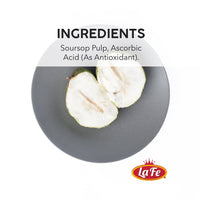 Ingredients of La Fe Pulp Guanabana: soursop pulp and ascorbic acid on a plate, showcasing authentic Latin flavors.