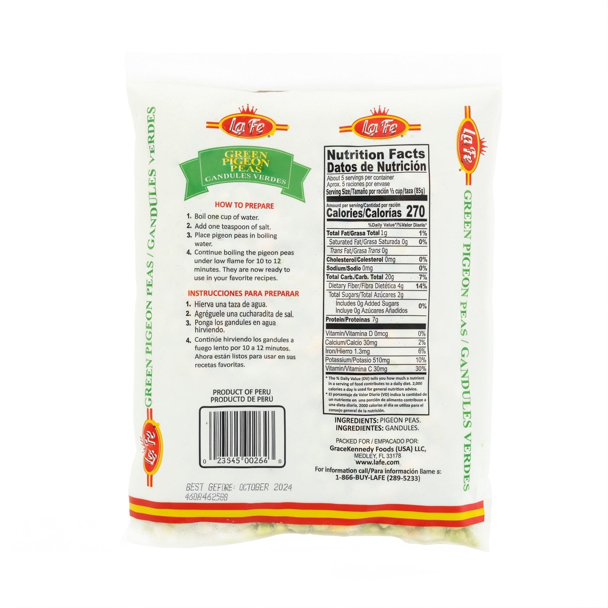 LA FE frozen pigeon peas 24 oz packaging showcasing nutrition facts, perfect for authentic Latin recipes.