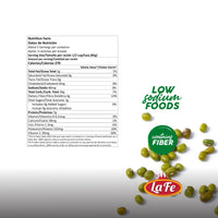 Nutrition facts for LA FE Frozen Pigeon Peas, highlighting low sodium and fiber content, ideal for healthy Latin meals.