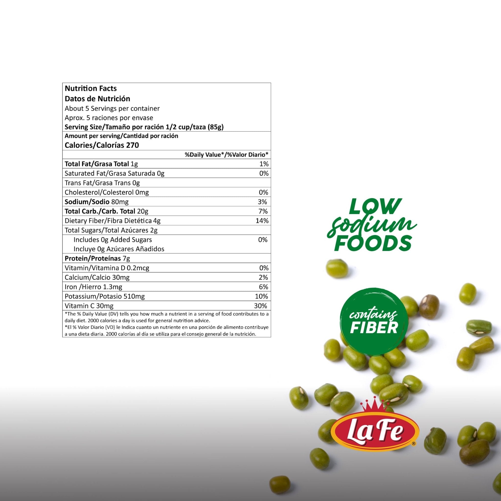 Nutrition facts for LA FE Frozen Pigeon Peas, highlighting low sodium and fiber content, ideal for healthy Latin meals.