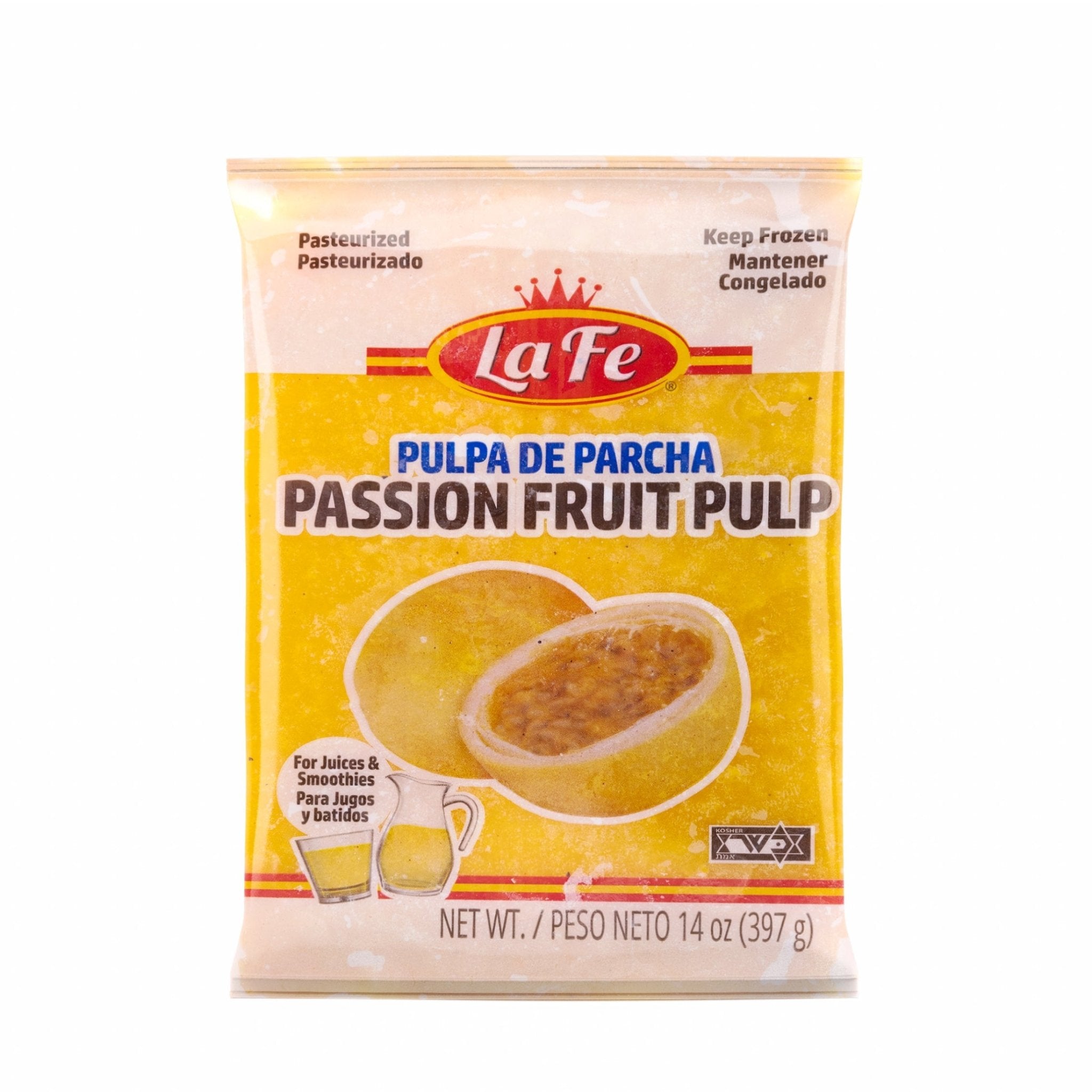 LA FE PULP PARCHA 14 oz passion fruit pulp, perfect for smoothies and juices, authentic Latin flavor.