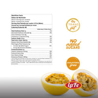 Nutrition facts for LA FE PULP PARCHA, highlighting no added sugars and cholesterol-free health benefits.