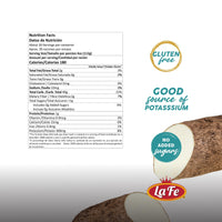 Nutrition facts for La Fe Yuca, gluten-free, and a good source of potassium, showcasing quality Latin food.
