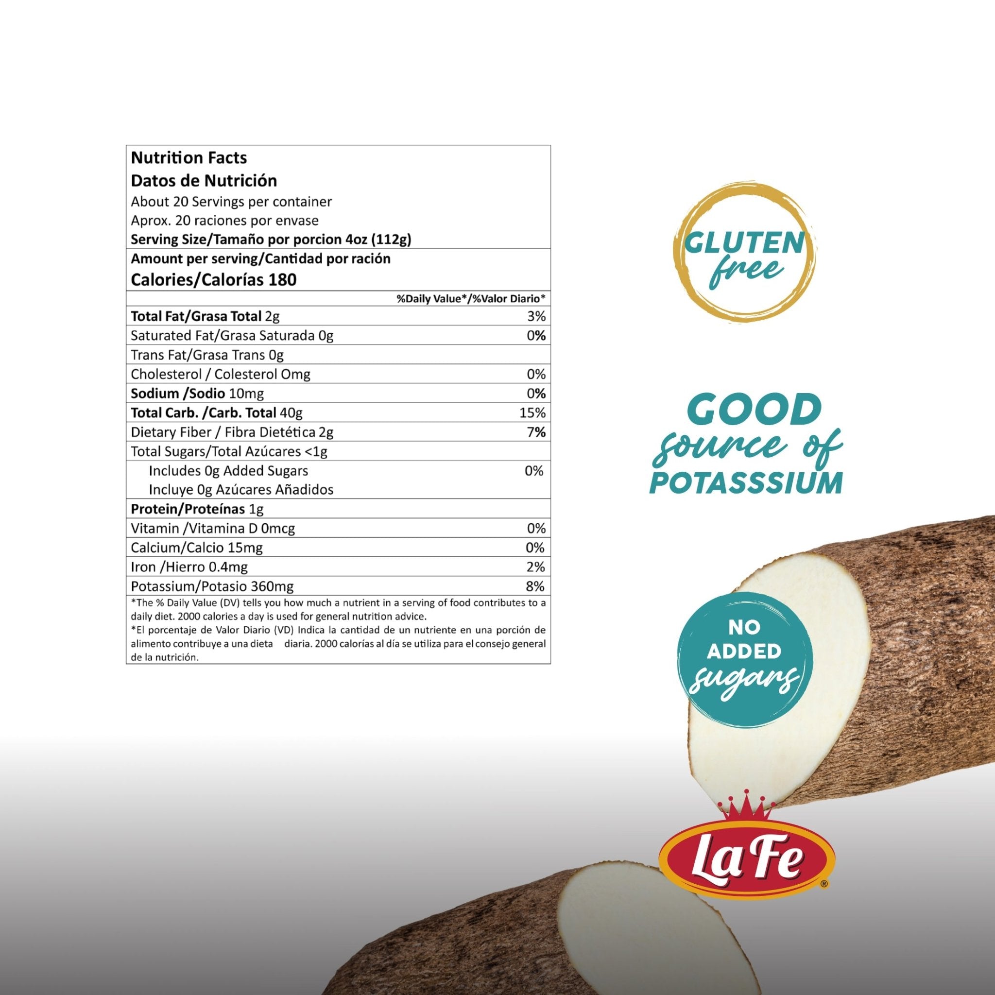 Nutrition facts for La Fe Yuca, gluten-free, and a good source of potassium, showcasing quality Latin food.