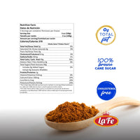 Nutrition facts for Fela Panela, made with 100% pure cane sugar and free from cholesterol, showcasing quality latin food.
