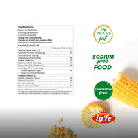 Nutrition facts for La Fe Corn on the Cob Mini, highlighting sodium-free, cholesterol-free, and quality Latin food.