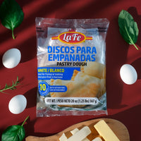 La Fe Discos para Empanadas pastry dough, ideal for frying or baking, 20 oz package, quality Latin food for authentic recipes.