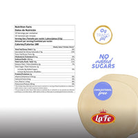 Nutrition facts for La Fe Discos White tortillas, highlighting no added sugars and cholesterol-free benefits for quality Latin food.