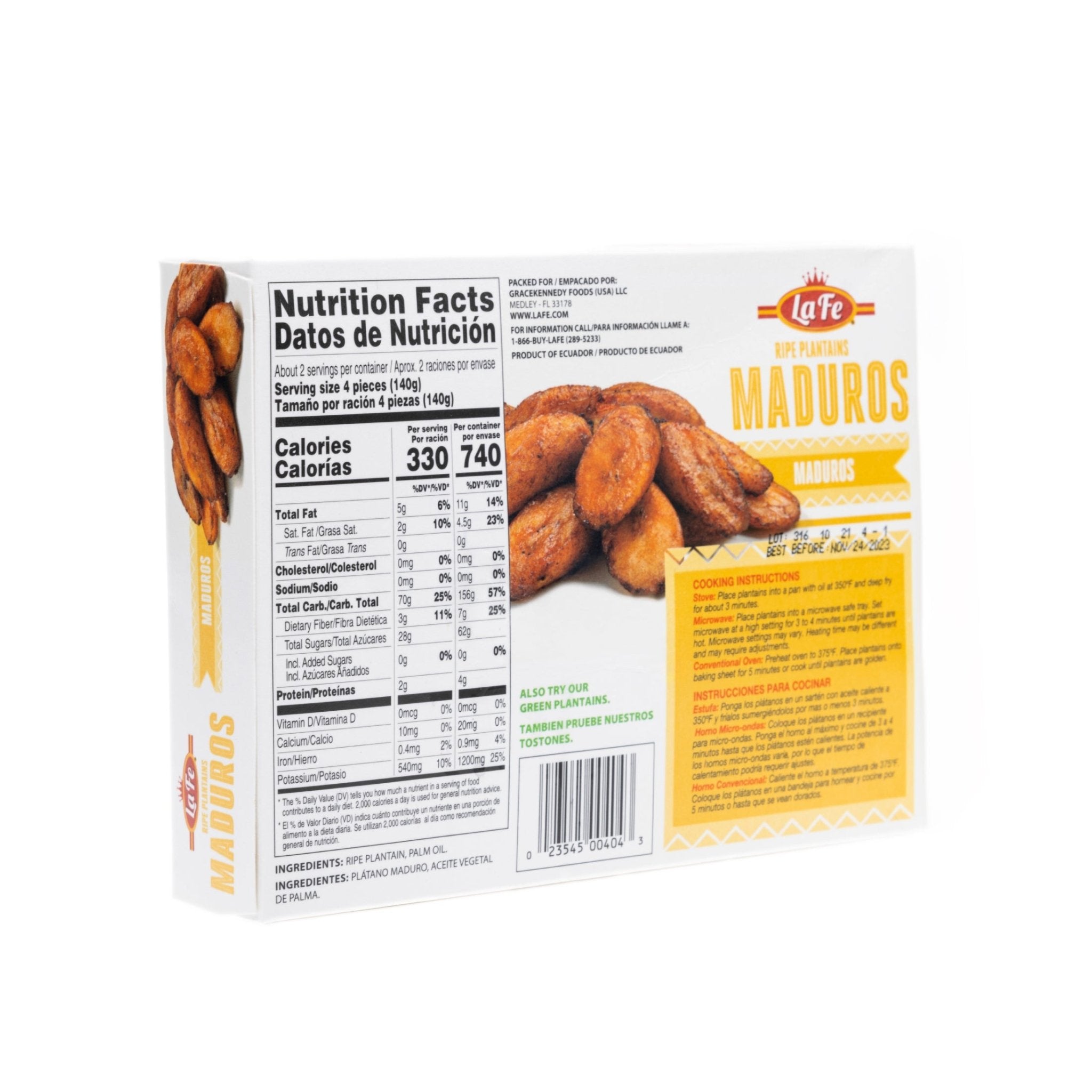 LA FE Platanos Maduro packaging showcasing authentic tropical flavors and nutritional information for quality Latin food.