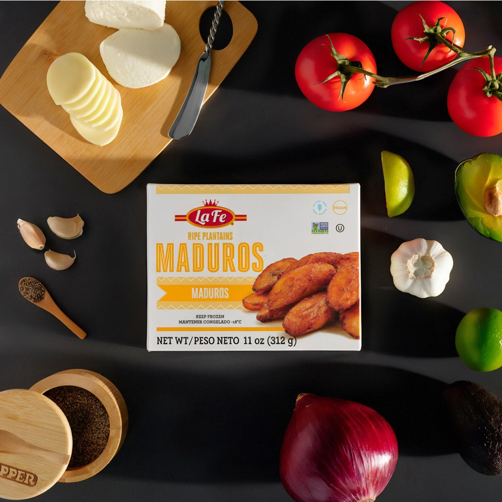 LA FE Platanos Maduros 11 oz packaging with fresh ingredients, perfect for authentic Latin dishes and delicious tropical flavors.