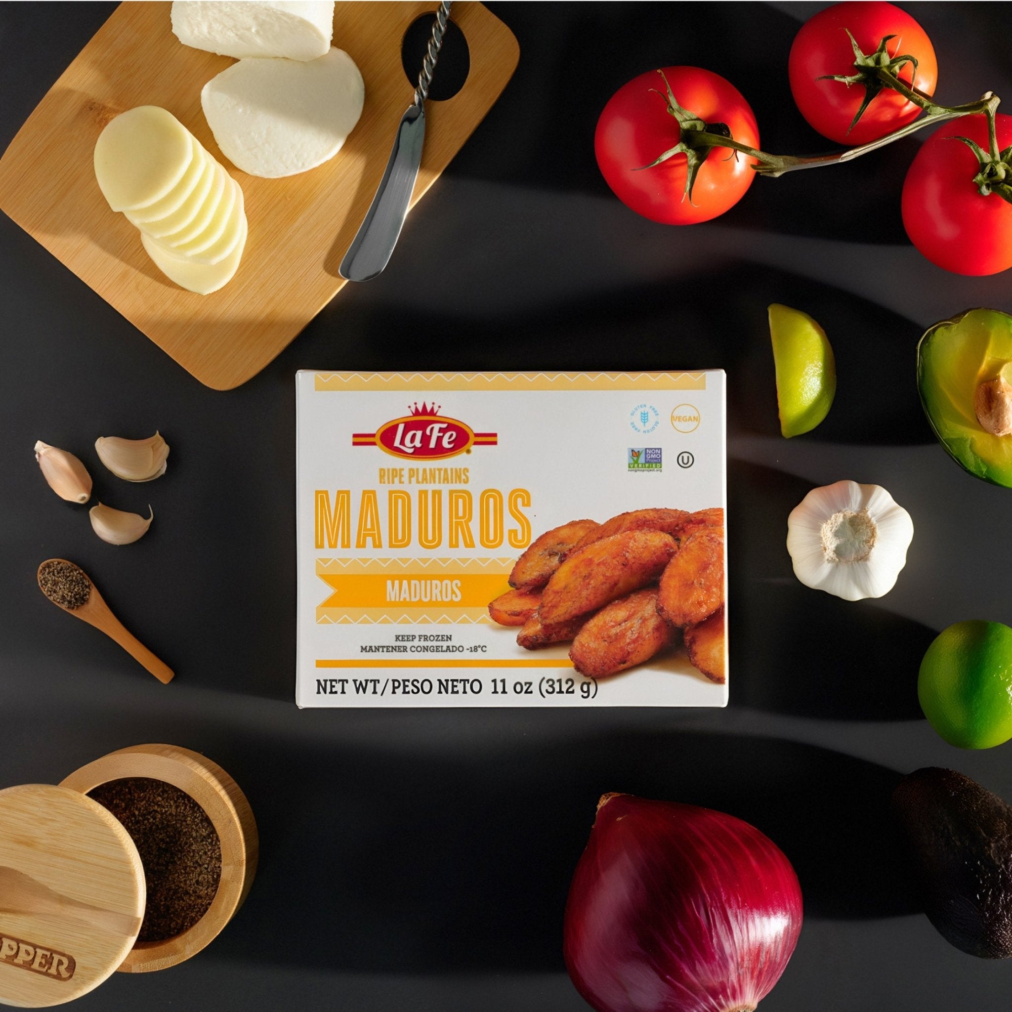 LA FE Platanos Maduros 11 oz packaging with fresh ingredients, perfect for authentic Latin dishes and delicious tropical flavors.
