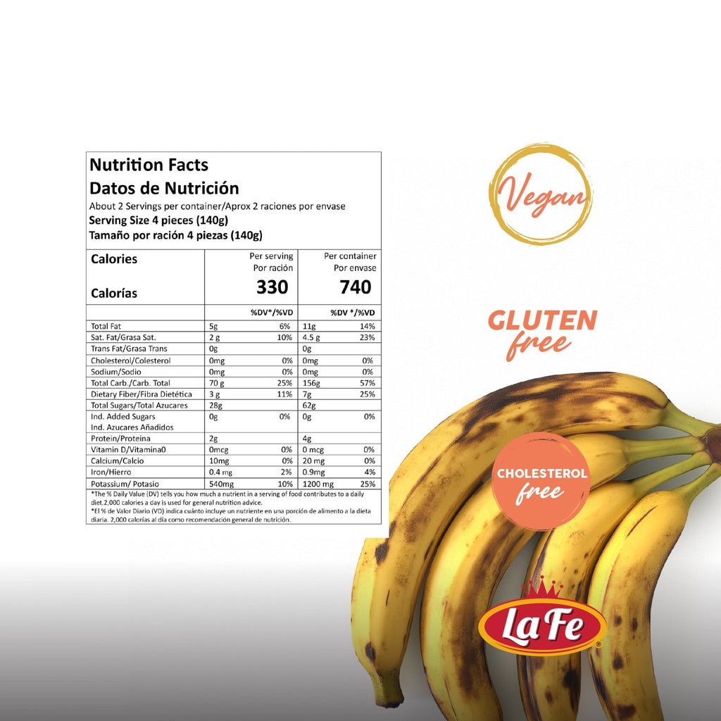 Nutrition facts for LA FE PLATANOS MADURO, vegan, gluten-free, cholesterol-free, showing tropical flavors and quality ingredients.