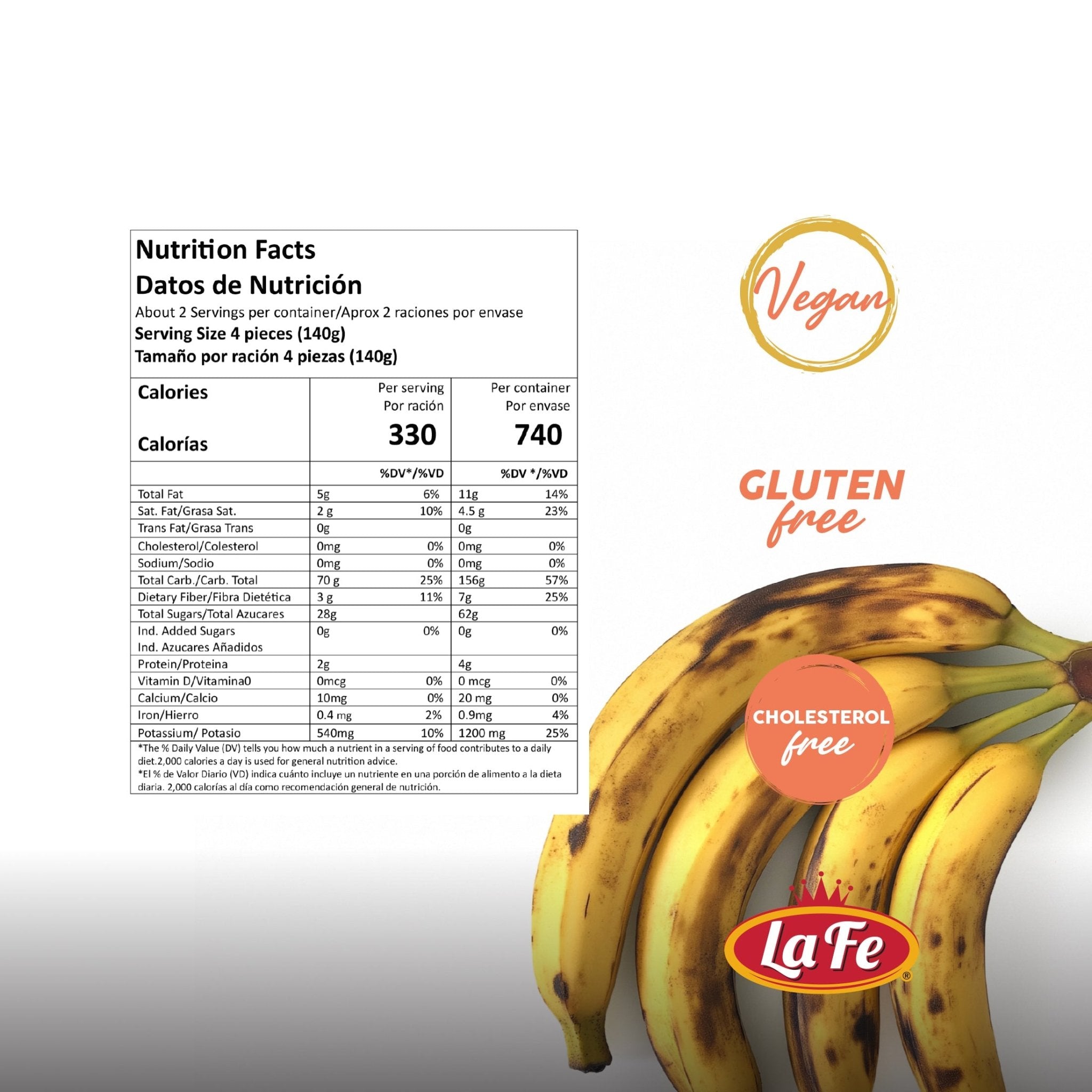 Nutrition facts for LA FE PLATANOS MADURO, vegan, gluten-free, cholesterol-free, showing tropical flavors and quality ingredients.