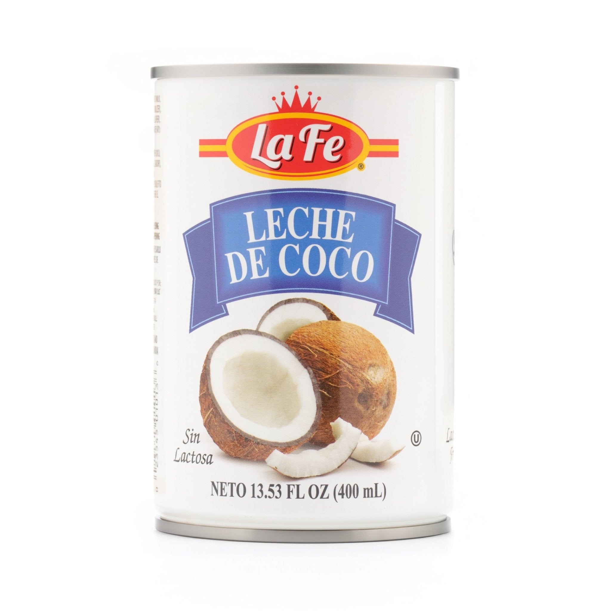 La Fe Coconut Milk can, 13.53 oz, perfect for authentic Latin cooking and tropical flavors in your meals.