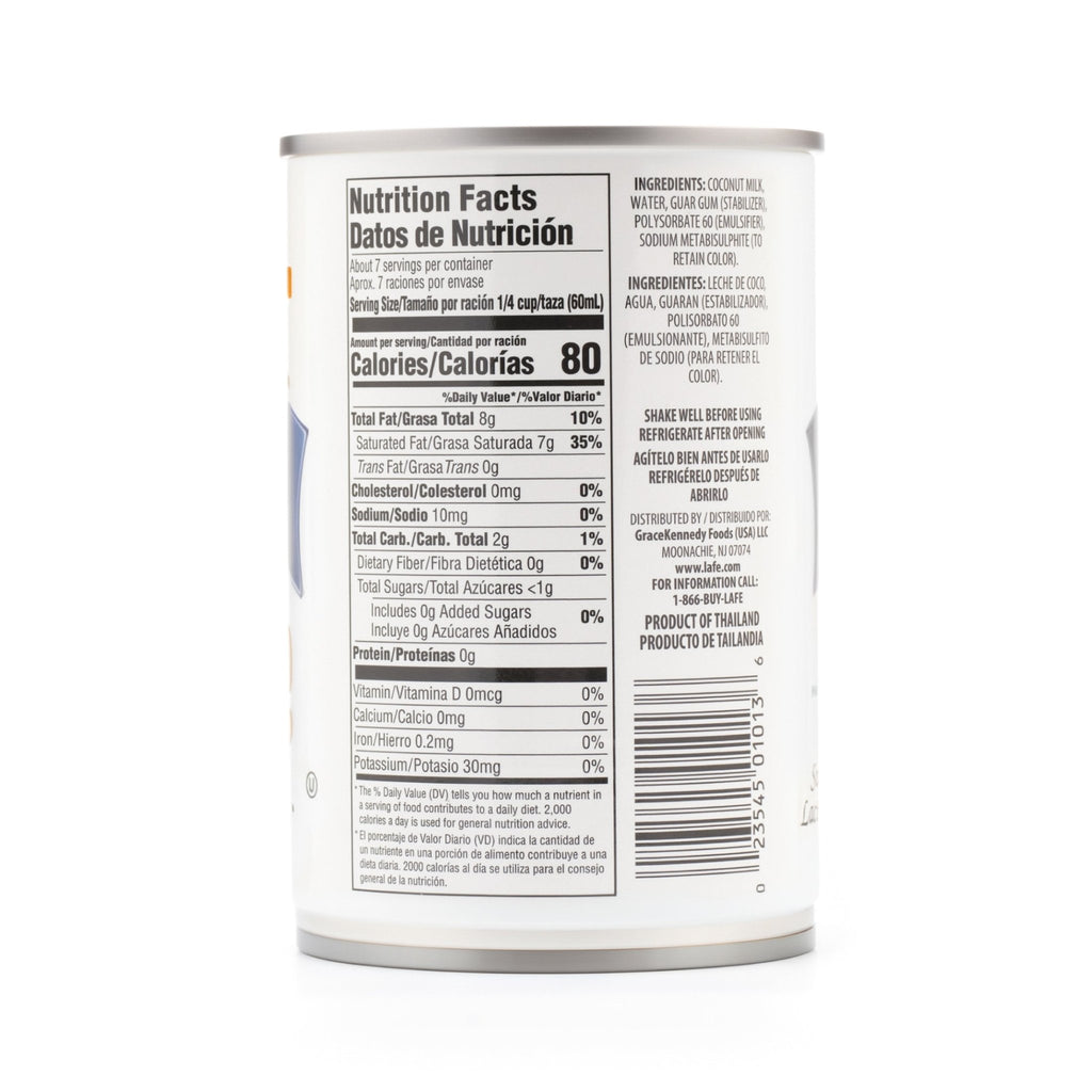 Nutrition facts label for La Fe Coconut Milk can, showcasing quality Latin food ingredients and nutritional information.