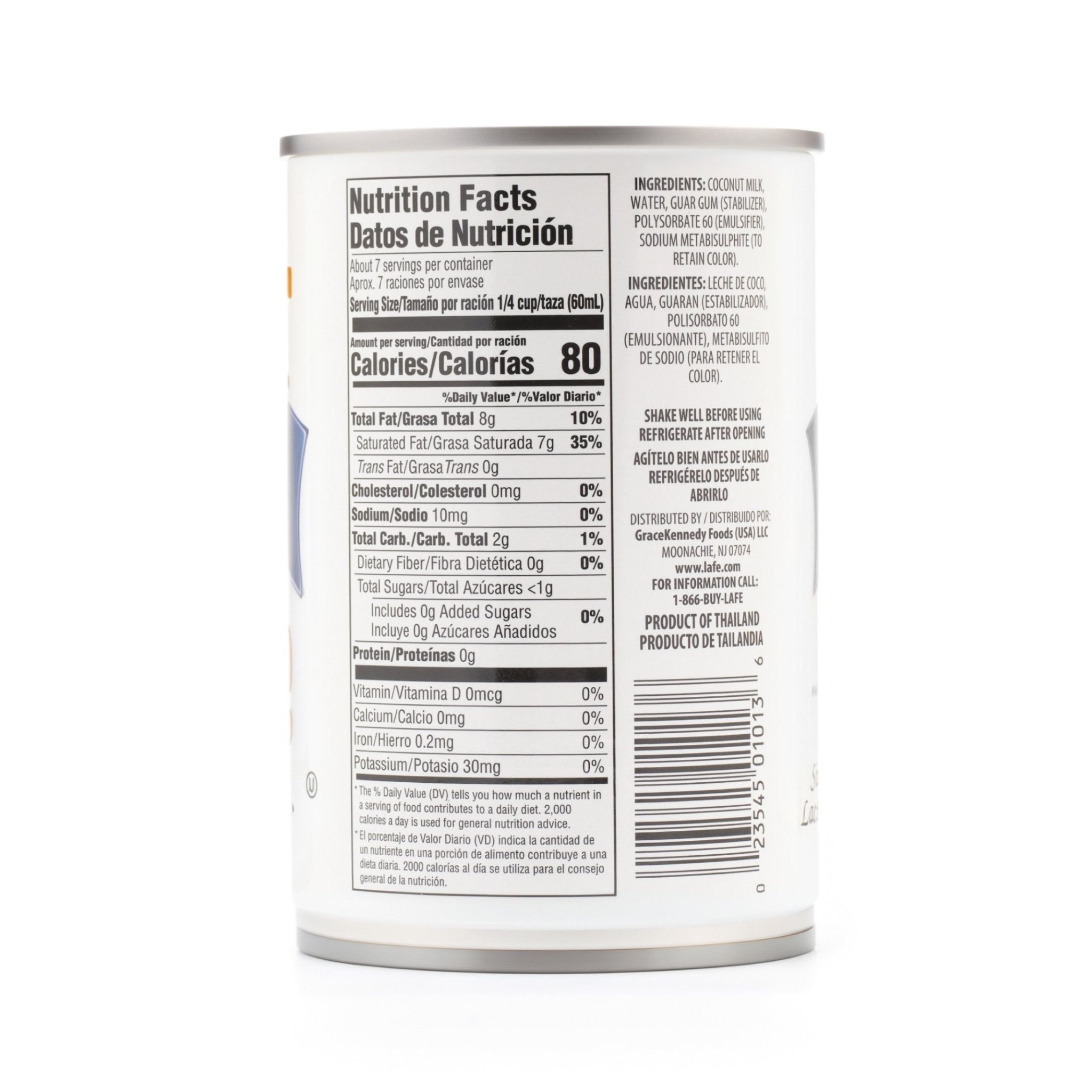 Nutrition facts label for La Fe Coconut Milk can, showcasing quality Latin food ingredients and nutritional information.