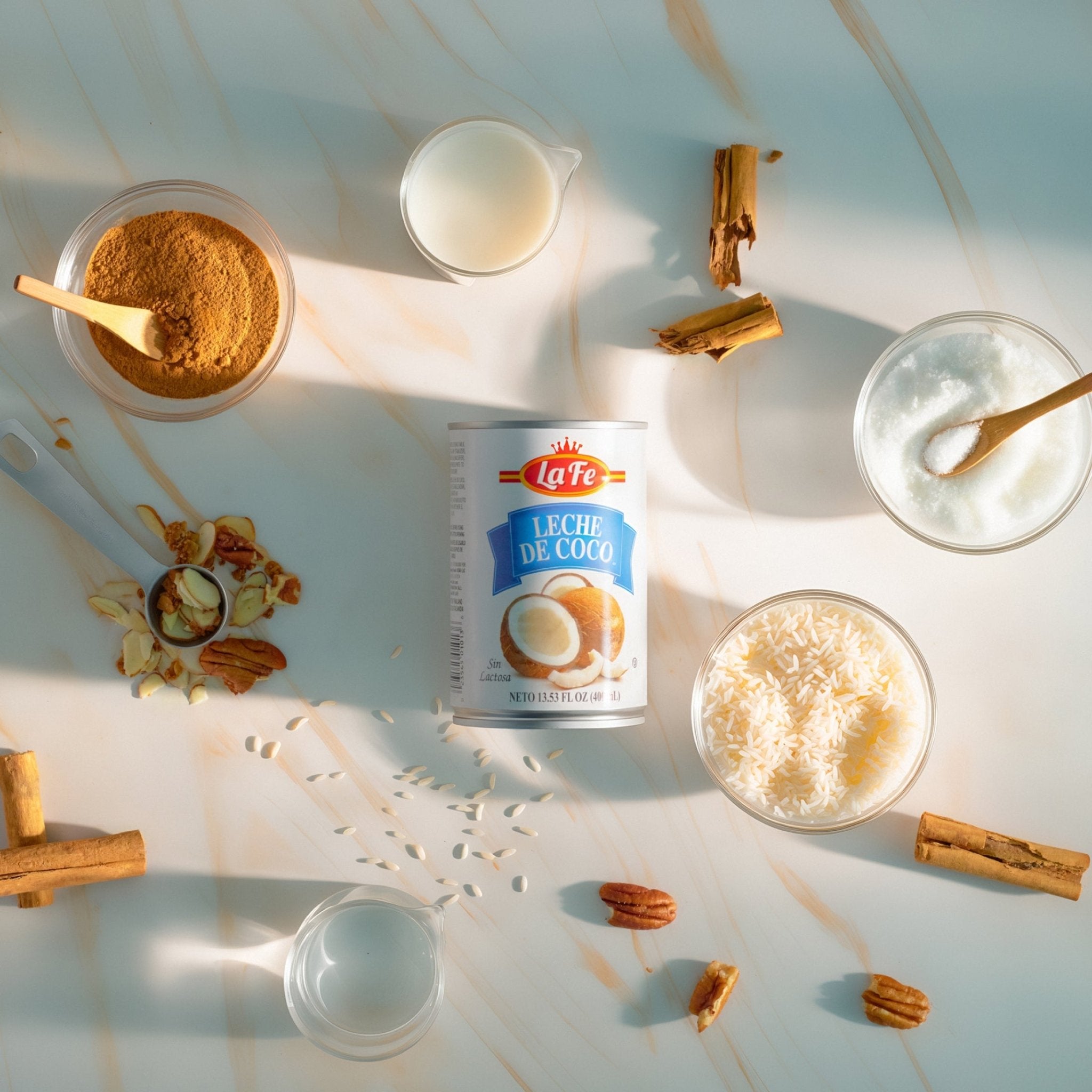 La Fe Coconut Milk surrounded by spices and ingredients, perfect for adding tropical flavors to authentic Latin cooking.