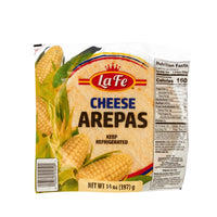 LA FE Cheese Arepas packaging featuring corn, perfect for authentic Latin cuisine. 14 oz of quality Latin food.