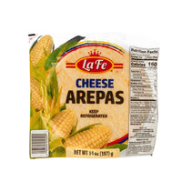 La Fe Cheese Arepas package - authentic Venezuelan food, pre-cooked for easy meals, 14 oz, fresh Latin flavors.