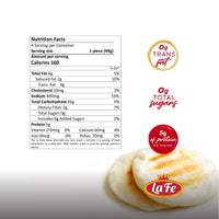 Nutrition facts for La Fe Arepas Queso highlighting calories, protein, and quality ingredients in a fresh Latin food option.