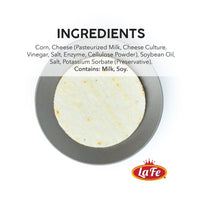 Ingredient list for La Fe Arepas Queso showing corn, cheese, and more for authentic Venezuelan cuisine.