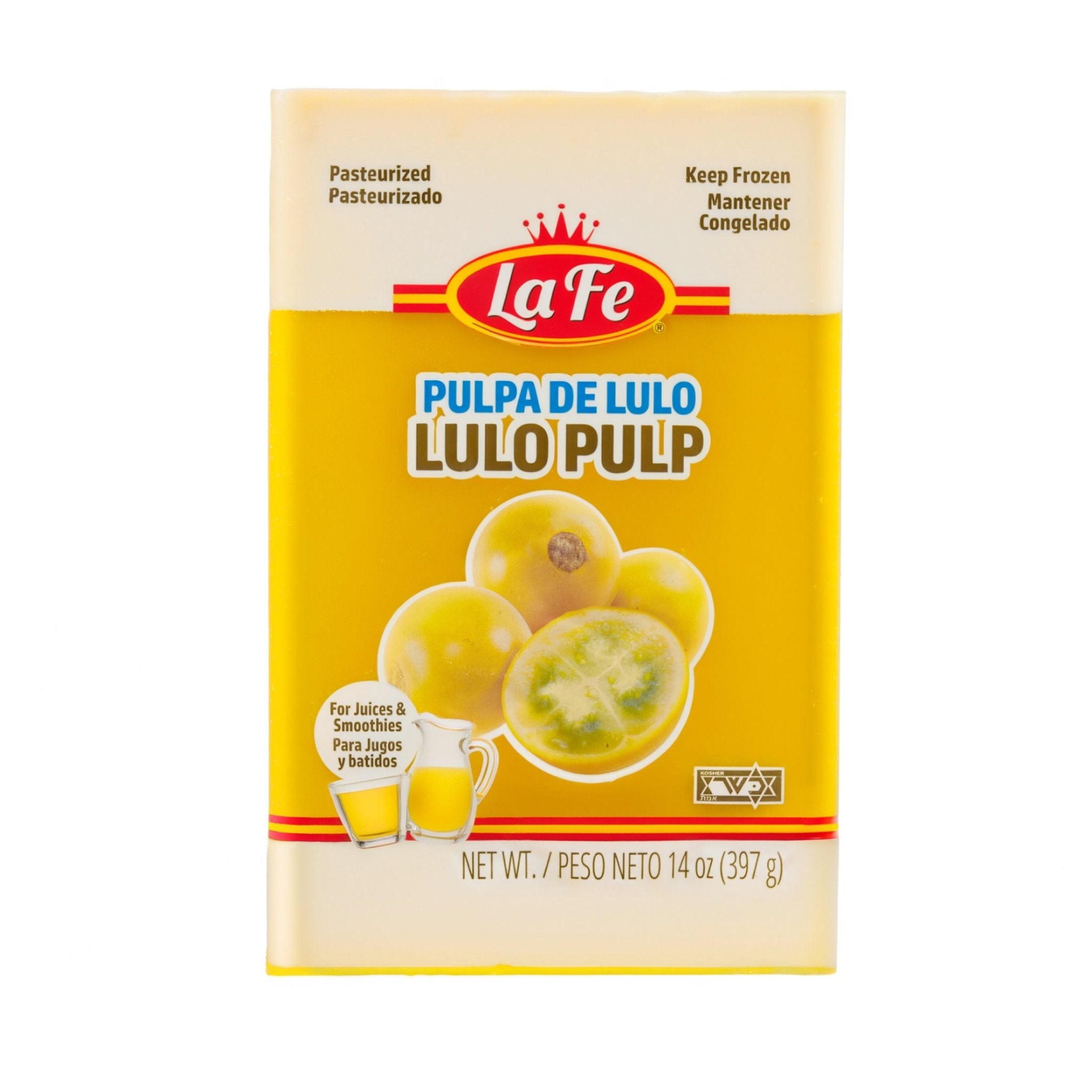 La Fe Pulp Lulo 14 oz package, perfect for smoothies and Latin dishes, featuring authentic tropical flavors.