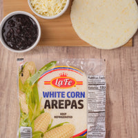 Lafe Arepas Blanca with black beans and cheese, a staple in authentic Latin cuisine, perfect for your pantry.