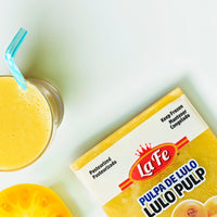 La Fe Pulp Lulo packaging with tropical drink, ideal for authentic Latin food and refreshing recipes.