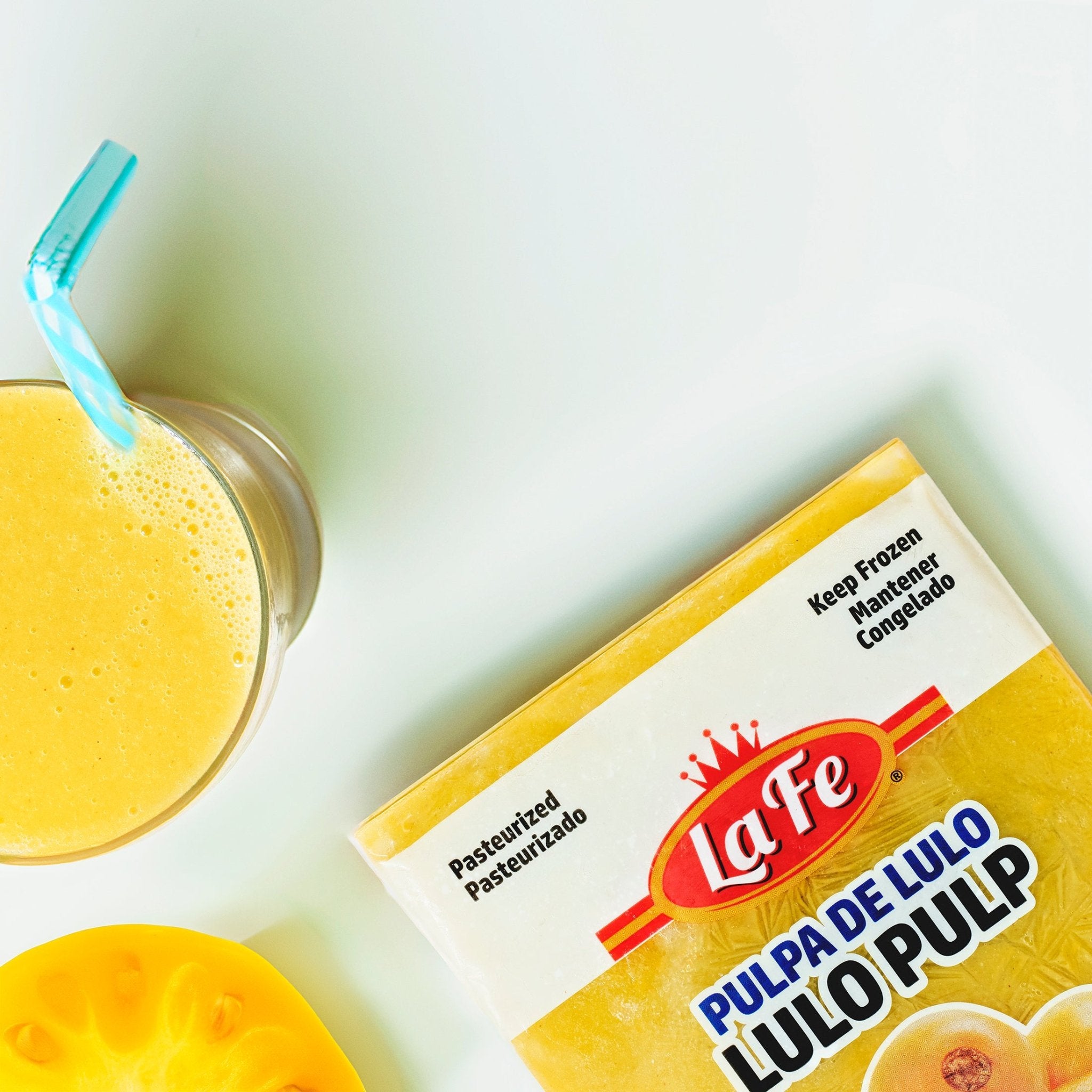 La Fe Pulp Lulo packaging with tropical drink, ideal for authentic Latin food and refreshing recipes.