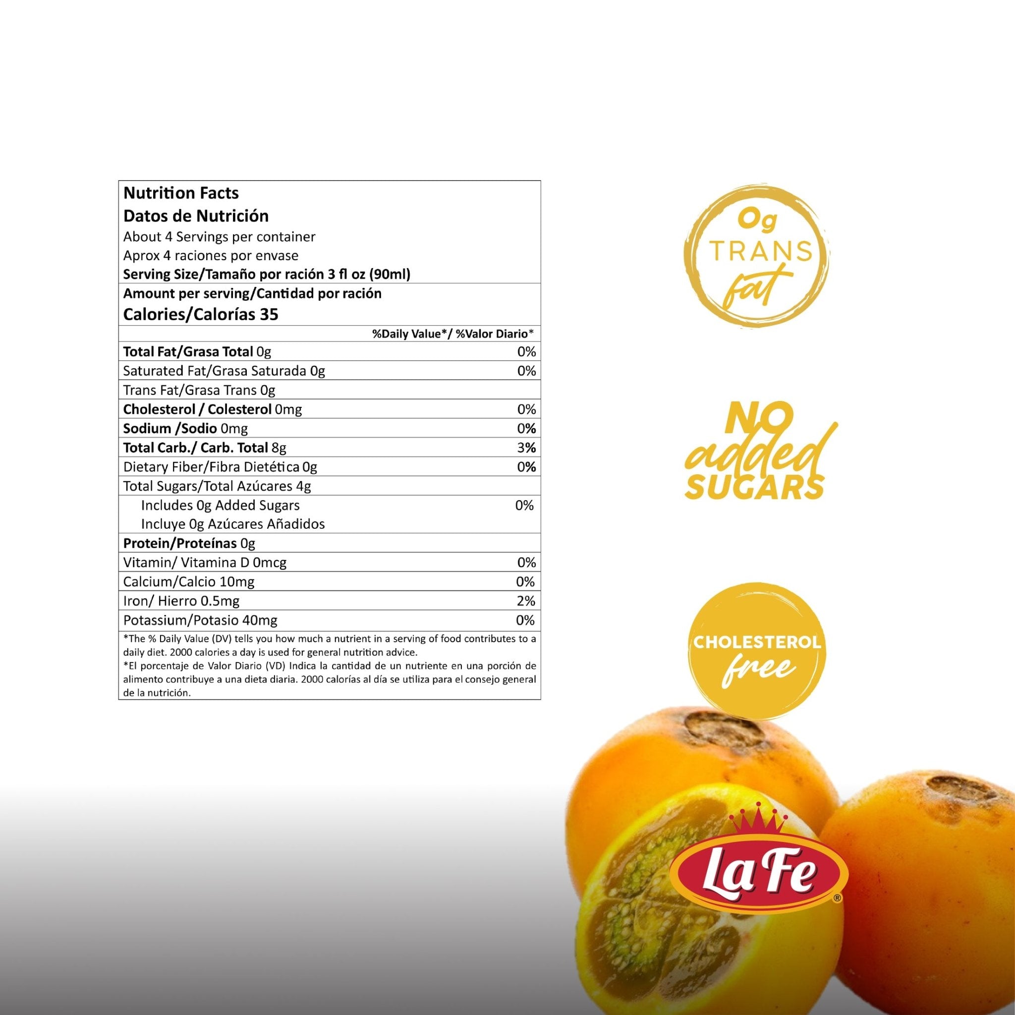 Nutrition facts for La Fe Pulp Lulo showing 0g trans fat, no added sugars, and cholesterol-free quality ingredients.