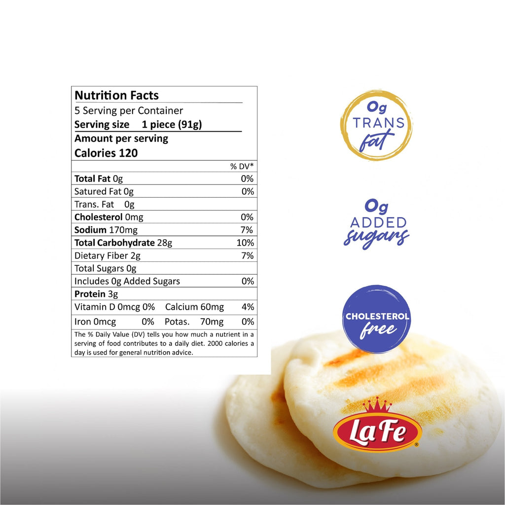 Nutrition facts for La Fe Arepas Blanca, gluten-free, healthy Latin food, 120 calories per serving, quality ingredients.