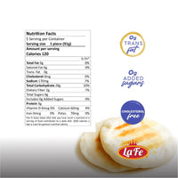 Nutrition facts for La Fe Arepas Blanca, gluten-free, healthy Latin food, 120 calories per serving, quality ingredients.