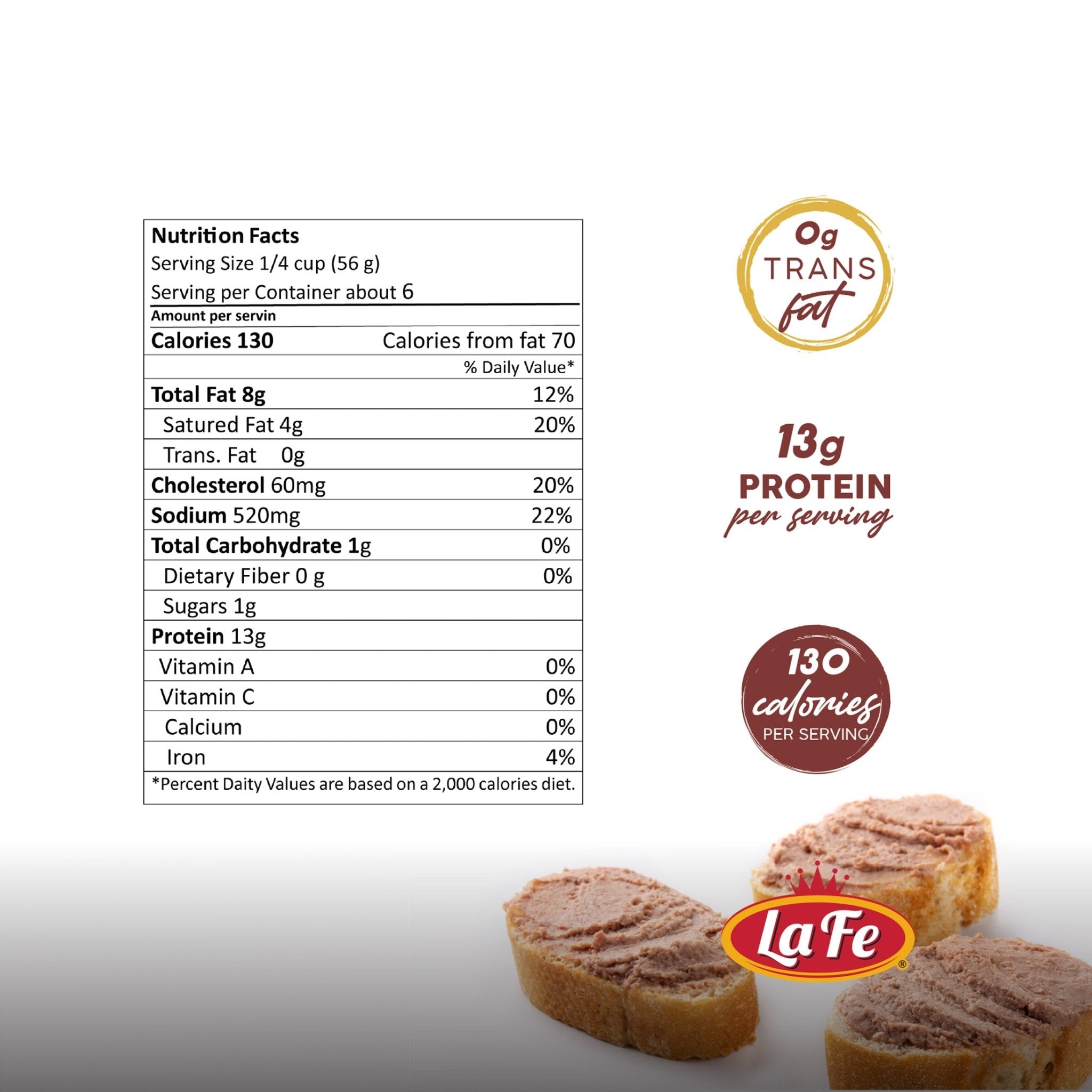 Nutrition facts of La Fe Corned Beef, highlighting 130 calories, 13g protein, and 0g trans fat, ideal for quality Latin foods.