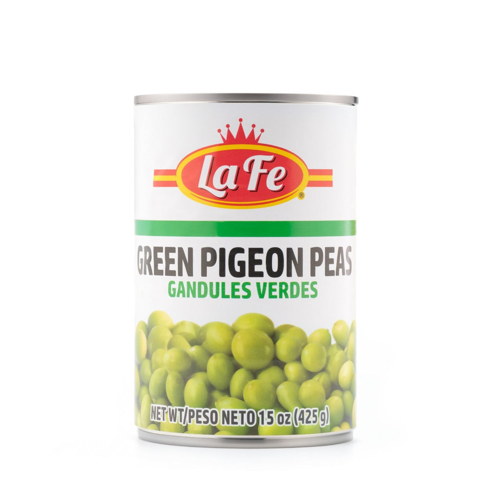 La Fe Green Pigeon Peas in 15 oz can, ideal for authentic Latin food, packed with quality and flavor for all your meals.
