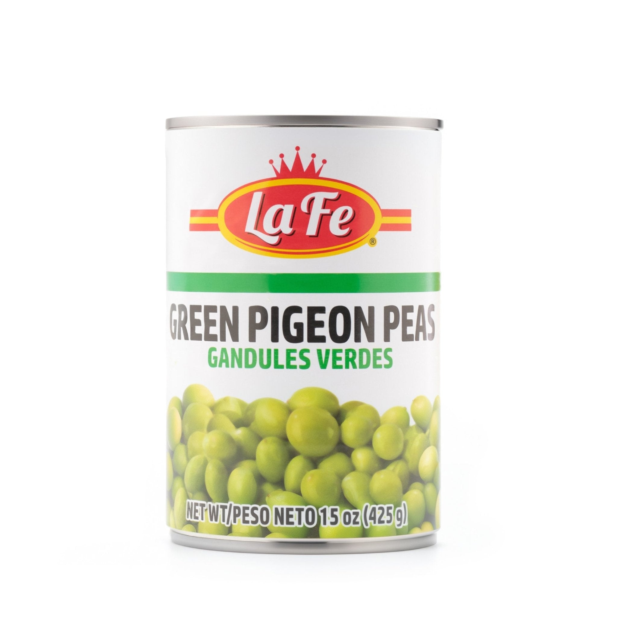 La Fe Green Pigeon Peas in 15 oz can, ideal for authentic Latin food, packed with quality and flavor for all your meals.